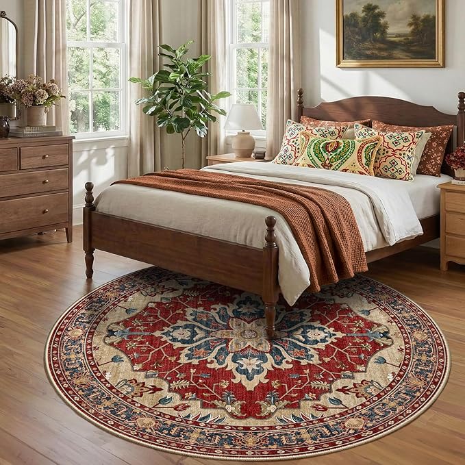 RELEANY Area Rugs Round 8ft Washable Non-Slip, Floral Vintage Distress Print Pattern Medallion Carpet for Living Room Bedroom Dining Room, Red Blue