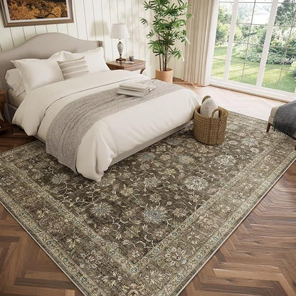 Washable 8x10 Area Rugs for Living Room, Boho Non-Slip Vintage Distress Large Rugs for Bedroom Dining Room Nursery Office, 0.3" Neutral Oriental Throw Thin Carpet, Tan/Flaxen/Multi, E2
