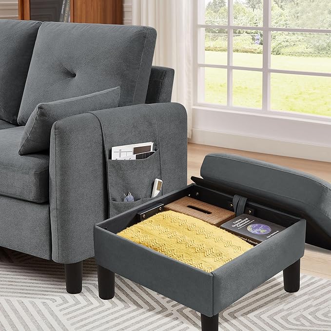 Convertible Sectional Sofa, 77" Small L Shaped 3 Seat Couch with Reversible Storage Chaise, Modern Polyester Fabric Sofa Couches for Living Room, Apartment and Small Space, Dark Grey