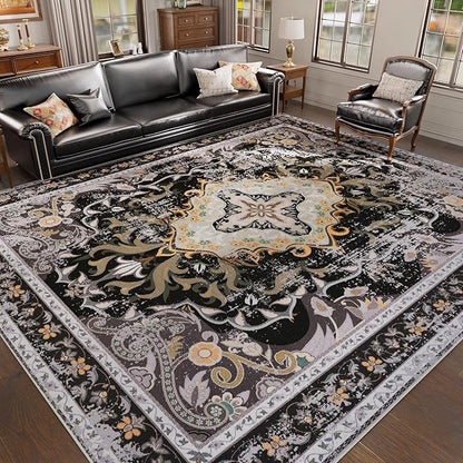 RUSHUFFY 8x10 Washable Area Rugs for Living Room, Non-Slip Large Boho Vintage Retro Print Pattern Carpet for Bedroom Dorm Dining Room Farmhouse Nursery Home Office, Black & Gold