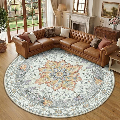 RELEANY Area Rugs Round 10ft Washable Non-Slip, Floral Vintage Distress Print Pattern Medallion Carpet for Living Room Bedroom Dining Room, Light Yellow Carbon Grey Orange