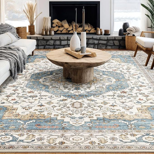 Area Rug for Living Room - 10x12 Soft Washable Oriental Vintage Floral Distressed Large Carpet - Fade Stain Resistant Non Slip Rugs for Bedroom Dining Room Nursery Dorm Office Home Decor - Blue/Beige