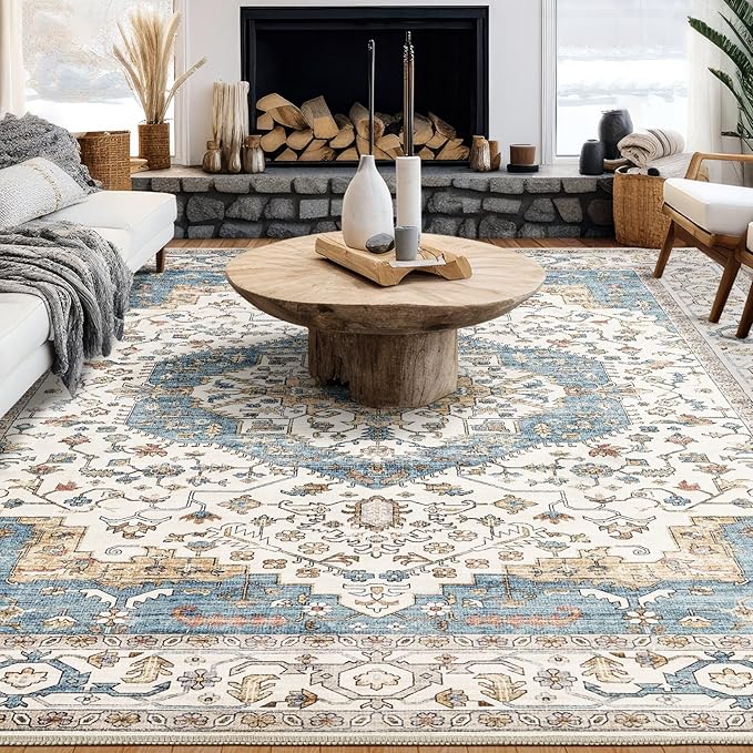 Area Rug for Living Room - 10x14 Soft Washable Oriental Vintage Floral Distressed Large Carpet - Fade Stain Resistant Non Slip Rugs for Bedroom Dining Room Nursery Dorm Office Home Decor - Blue/Beige