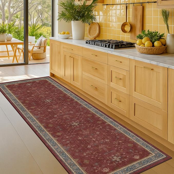 2x6 Turkish Kitchen Runner Rugs Non Skid Washable - Washable Rug for Hallway, Bedroom Bedside, Bathroom, Laundry Room, Hallway, Non Slip with Rubber Backing, Oriental Dark Red Kitchen Accessories