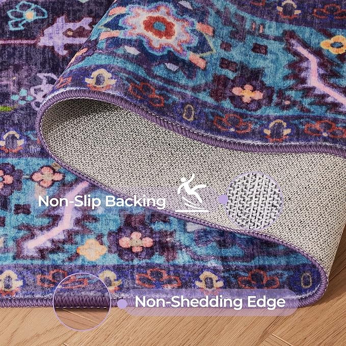 2x3 Washable Small Front Door Violet Purple with Vintage Orient Design, Soft Rug for Entryway or Kitchen, Non-Slip Low Pile Stain Resistance Features, Distressed Medallion Pattern