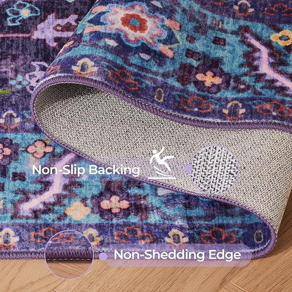 Kokia 4x6 Washable Area Rugs Violet Purple with Vintage Orient Design, Soft Rug for Living Room or Bedroom, Non-Slip Low Pile Stain Resistance Features, Distressed Medallion Pattern