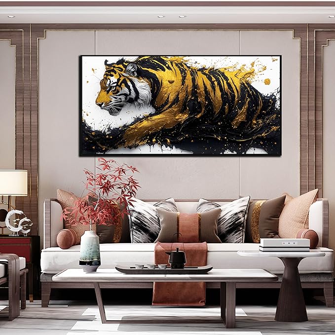 Tiger Art Wall Decor for Living Room - Modern Black and Gold Wall Decor for Bedroom - Large Framed Wall Art for Office Size 29" x 59"