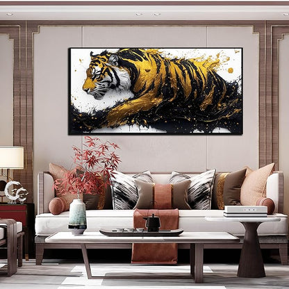 Tiger Art Wall Decor for Living Room - Modern Black and Gold Wall Decor for Bedroom - Large Framed Wall Art for Office Size 29" x 59"