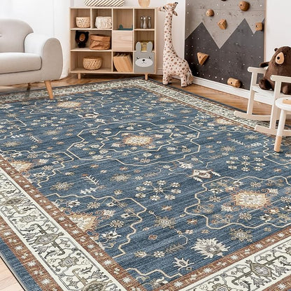 8x10 Area Rug for Living Room- Machine Washable Soft Oriental Vintage Large Indoor Floor Carpet for Bedroom Under Dining Table Home Office Decor - Dark Blue