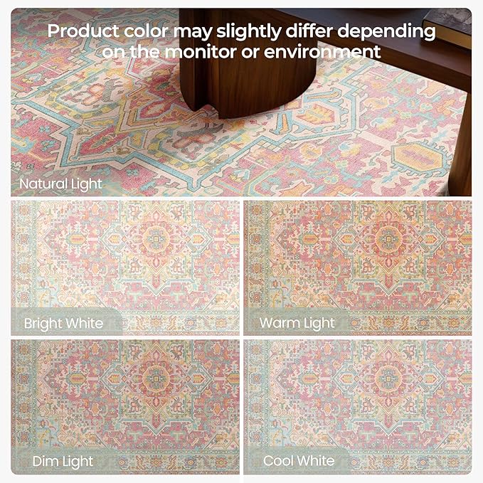 2x3 Washable Small Front Door Pink Orange with Vintage Orient Design, Soft Rug for Entryway or Kitchen, Non-Slip Low Pile Stain Resistance Features, Distressed Medallion Pattern