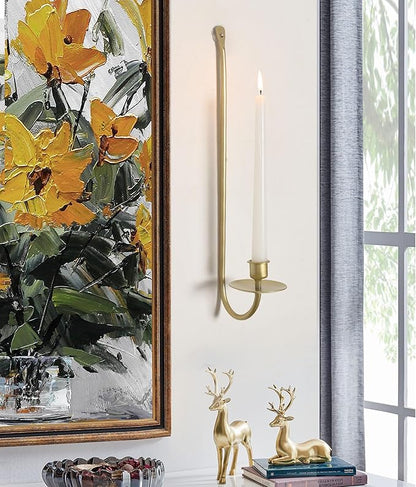 Wall Candle Holders Set of 2 Handcrafted Wrought Iron Sconces with Gold Finish, Easy to Install Modern Candle Holders for Living Room, Bedroom, Hallway, Wedding or Holiday Decor