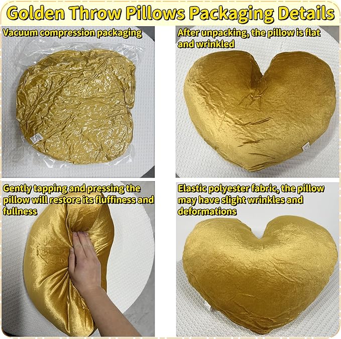 16 Inch Heart Pillow Cute Soft Decorative Throw Pillows, Heart Shaped Fluffy Faux Fur Pillows Cushions for Couch Sofa Bed Bedroom Room Home Decor Aesthetic (2, Gold, Medium-16 x13)
