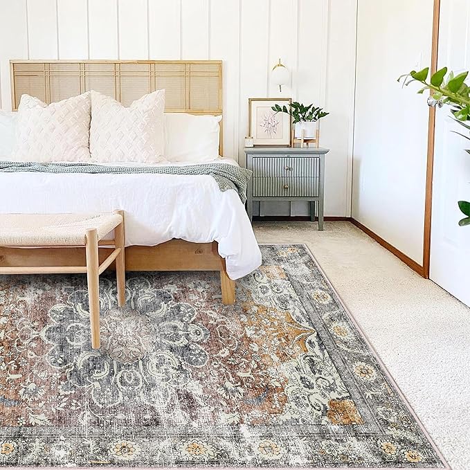 CHAMPLANT Area Rug 4x6 Washable Rug Taupe Vintage Traditional Floor Cover Foldable Thin Retro Accent Indoor Distressed Non Slip Carpet Floral Print Mat Bedroom Living Room Bathroom