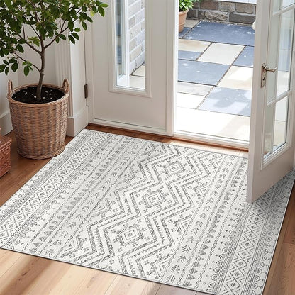 Miukiki 2x3 Entryway Rug Moroccan Washable Non Slip Indoor Floor Carpet Foldable Thin Rug for Dining Room Bedroom with Low Pile(Grey,2'x3')