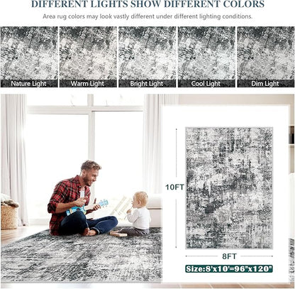 8x10 Area Rug for Living Room: Washable Abstract Soft Rugs Non Slip Modern Stain Resistant Low Pile Carpet for Dining Room Bedroom Nursery Office (Black Grey, 8'x10')