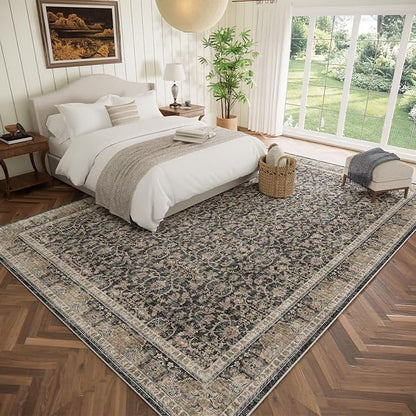 Washable 10x14 Area Rugs for Living Room, Boho Non-Slip Vintage Distress Large Rugs for Bedroom Dining Room Office, 0.3" Neutral Oriental Throw Thin Carpet, Black/Blue/Multi,A1