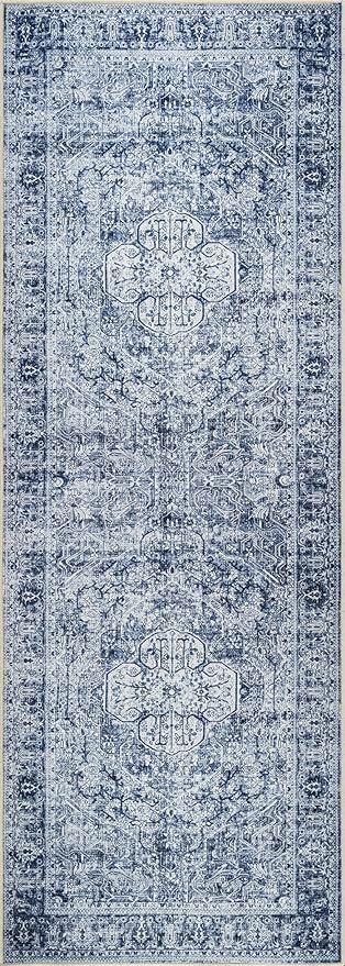Bloom Rugs Washable Non-Slip 10 ft Runner - Ivory/Denim Blue Traditional Medallion Runner for Entryway, Hallway, Bathroom, and Kitchen - Exact Size: 2.5' x 10'