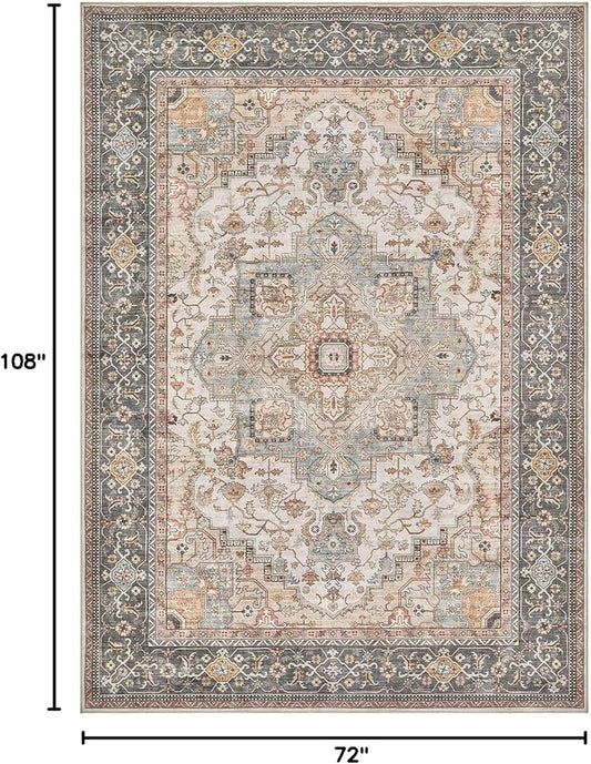EIEIHOUSE Washable Area Rugs for Living Room - 6x9 Neutral Vintage Distressed Floral Farmhouse Boho Large Soft Floor Rug Indoor Non Slip Carpet for Bedroom Dining Room Office -Forest Green Orange