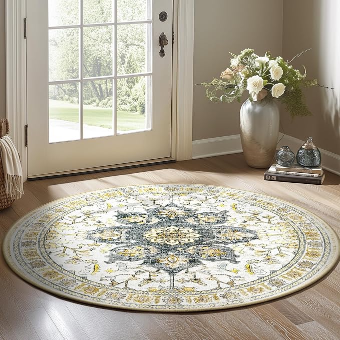 BESTSWEETIE 4ft Area Rug Washable Rugs for Living Room, No Pile Boho Carpet for Entryway Bedroom Dinning Room, Vintage Carpet Print Distressed Non-Slip, 48" Round, Grey Brown