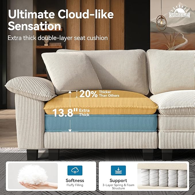 SUNSHINE VALLEY 3 Seat Modular Sofa, 123.6'' Oversized Modern Corduroy Sectional Couch with Removable Armrest and Pillow, Upholstered Cloud Deep Seat Sofa for Living Room, Beige