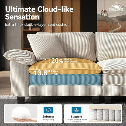 SUNSHINE VALLEY 3 Seat Modular Sofa, 123.6'' Oversized Modern Corduroy Sectional Couch with Removable Armrest and Pillow, Upholstered Cloud Deep Seat Sofa for Living Room, Beige