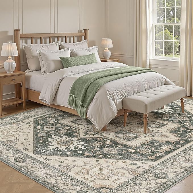 9x12 Area Rugs for Living Room - Large Carpet Ultra Thin Soft Washable Oriental Vintage Floral Distressed Rug Big Indoor Carpets for Bedroom Nursery Dorm Home Decor Aesthetic - Vintage Green