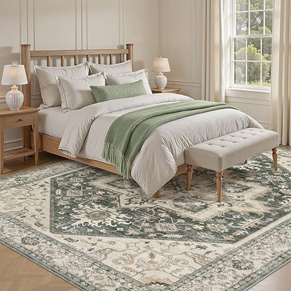 9x12 Area Rugs for Living Room - Large Carpet Ultra Thin Soft Washable Oriental Vintage Floral Distressed Rug Big Indoor Carpets for Bedroom Nursery Dorm Home Decor Aesthetic - Vintage Green