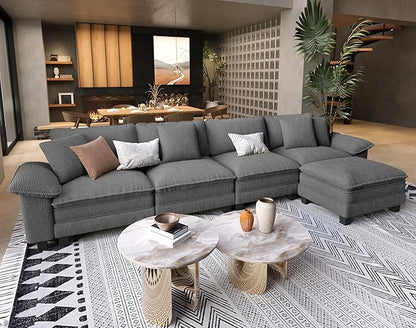 SUNSHINE VALLEY L Shaped Modular Cloud Couch, 157.5'' Oversized Corduroy Sectional Sofa with Wider Armrest and Ottoman, Upholstered 5-Seat Modern Deep Seat for Bedroom Living Room, Grey