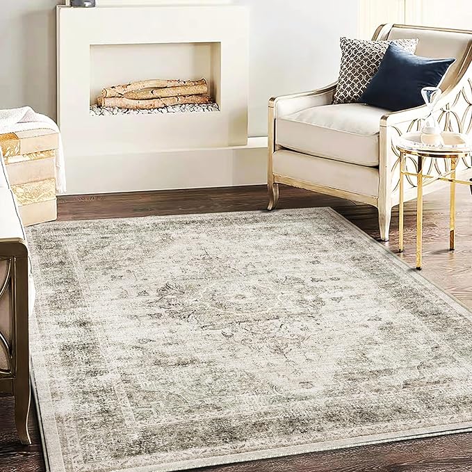 CHAMPLANT Area Rug 5'x7' Washable Rug Floral Khaki Traditional Floor Cover Thin Retro Kitchen Indoor Distressed Non Slip Carpet for Living Room Bedroom Dining Room