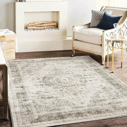 CHAMPLANT Washable Area Rug 4'x6' Floral Khaki Traditional Floor Cover Foldable Thin Rugs Retro Kitchen Indoor Distressed Non Slip Carpet Floral Print Mat Bedroom Living Room