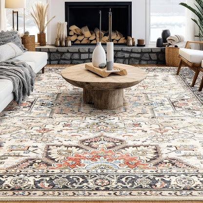 10x14 Area Rugs for Living Room - Large Carpet Ultra Thin Soft Washable Oriental Vintage Floral Distressed Rug Big Indoor Carpets for Bedroom Nursery Dorm Home Decor Aesthetic - Multi