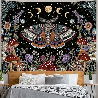 Neasow Hippie Witchy Moth Tapestry, Moon Mushroom Aesthetic Floral Wall Art, Mystic Moon Phase Decor for Living Room Bedroom Home, 60x80 inches
