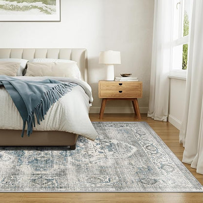 10x14 Living Room Rug - Large Washable Non Slip Vintage Rugs Low Pile Stain Resistant Distressed Carpet for Bedroom Dining Room Home Office 10'x14' Blue/Grey