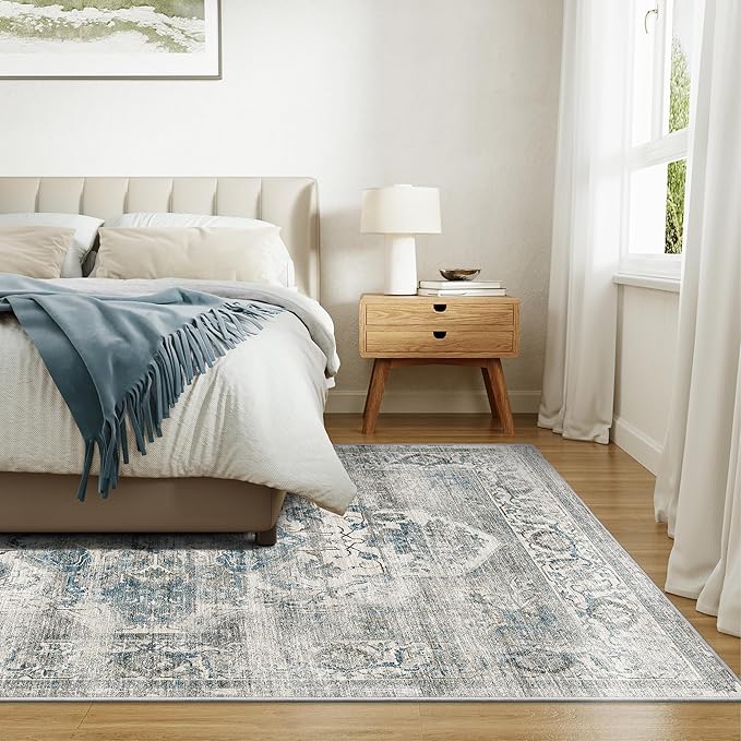 6x9 Area Rugs for Living Room, Machine Washable Non Slip Vintage Rug, Non-Slip Stain Resistant, Large Soft Home Decor Rug for Bedroom Dining Room (Blue/Grey,6'x9')