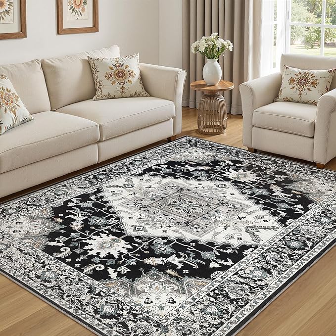 6x9 Washable Area Rugs for Living Room: Non Slip Vintage Black Rug, Large Soft Stain Resistant Indoor Floor Carpets for Bedroom Dining Room Nursery Home Office Kid & Pet Friendly