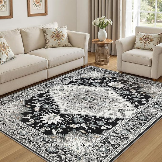 6x9 Washable Area Rugs for Living Room: Non Slip Vintage Black Rug, Large Soft Stain Resistant Indoor Floor Carpets for Bedroom Dining Room Nursery Home Office Kid & Pet Friendly