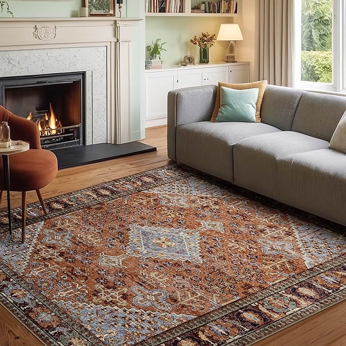 9x12 Area Rugs for Living Room, Machine Washable Low Pile Rug, Non Slip Backing Boho Rugs for Bedroom, Printed Soft Vintage Carpet Sienna Brown 9 x 12