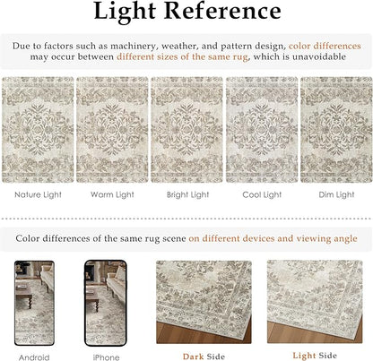 PureCozy 5x8 Area Rug Beige Washable Vintage Distressed Living Room Carpet Large Bedroom Indoor Neutral Medallion Floral Non Slip Retro Throw Floor Mat for Office Dining Room Kitchen Bathroom
