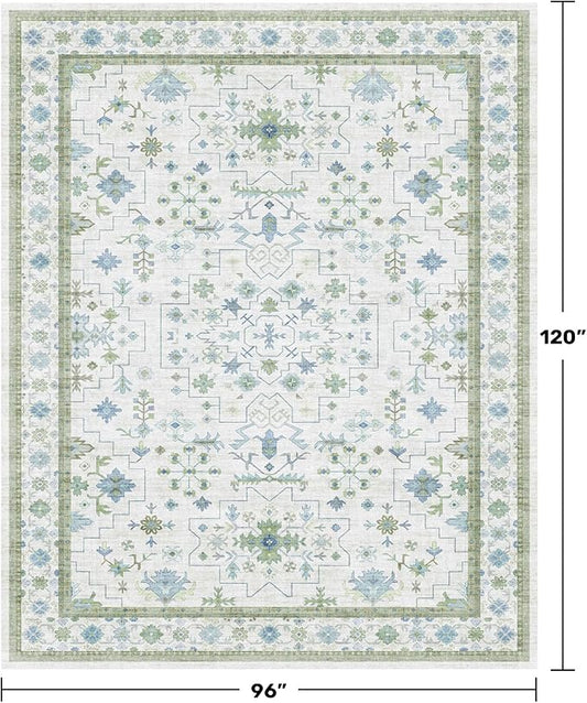 Hazo Haus Blue and Green Living Room Rug 8x10 - Cream Oushak Vintage Boho Floral Farmhouse, Washable Low Pile Non-Slip Extra Large Area Rugs for Bedroom, Girls, Boys, Playroom, Lounge