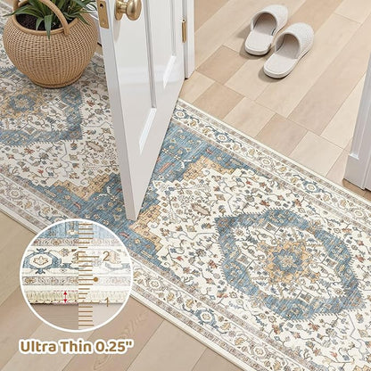 Area Rug for Living Room - 3x8 Soft Washable Oriental Vintage Floral Distressed Large Carpet - Fade Stain Resistant Non Slip Rugs for Bedroom Dining Room Nursery Dorm Office Home Decor - Blue/Beige