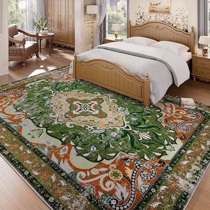 RUSHUFFY 8x10 Washable Rug for Living Room, Non-Slip Large Boho Vintage Print Pattern Carpet for Bedroom Dorm Dining Room Farmhouse Nursery Home Office, Dark Green