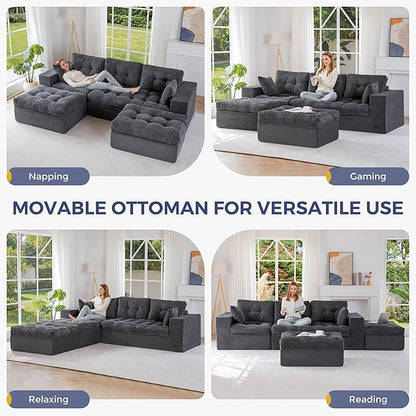 MAXYOYO 104" U Shaped Modular Sectional Sofa with 2 Ottomans, Cloud Boneless Couch with Layered Cushion, Flexible Module Combination Sofa for Living Room, No Assembly Required, Dark Grey