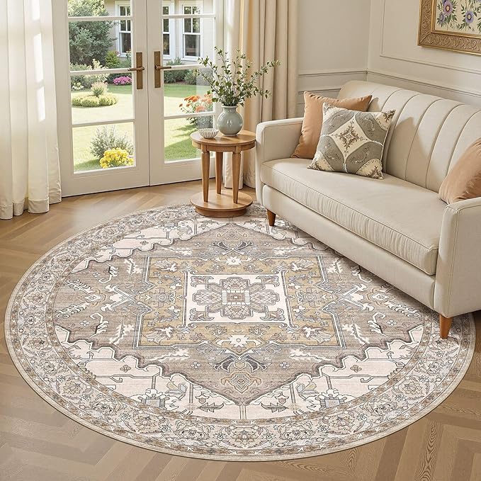 6ft Round Rug for Living Room: 6x6 Washable Vintage Brown Area Rug, Large Non Slip Soft Stain Resistant Indoor Floor Carpet for Bedroom Dining Decor Home Office Kid & Pet Friendly