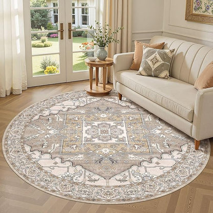 6ft Round Rug for Living Room: 6x6 Washable Vintage Brown Area Rug, Large Non Slip Soft Stain Resistant Indoor Floor Carpet for Bedroom Dining Decor Home Office Kid & Pet Friendly