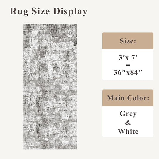 3x7 Washable Non-Slip Kitchen Runner Rug – Modern Abstract Neutral Beige & Gray Carpet for Hallway, Entryway, Bedroom, Laundry Room – Low-Pile Thin Wide Floor Runner with Rubber Backing （Grey）