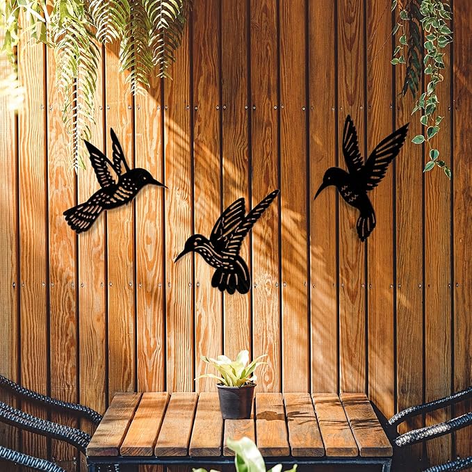 3 Pieces Wood Hummingbird Wall Art Decor 9 Inch Hummingbird Wall Decorations Black Bird Outdoor Art Hanging for Garden Balcony Fence Indoor Kitchen Modern Farmhouse Rustic Home Bedroom Office