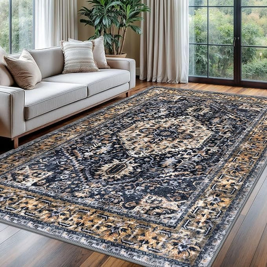 KOZYFLY Boho Area Rug 6x9 Ft Thin Rugs for Living Room Washable Bedroom Rug Non Slip Rugs for Living Room Gold/Orange/Navy Printed Faux Wool Vintage Bedroom Rug Floor Carpet