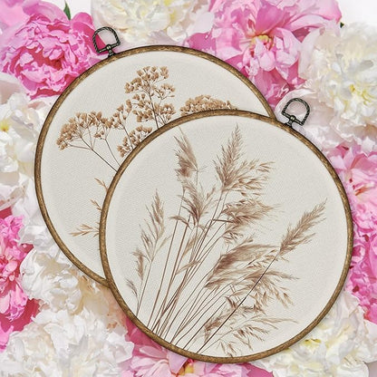 TLESKE Beige Rustic Fall Botanical Round Wall Art Decor Set of 2, Boho Wildflower Floral Framed Canvas Prints Wall Art Artwork, Neutral Vintage Farmhouse Hanging Decor for Bedroom Living Room 10x10