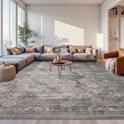 Rugxara 9x12 Area Rugs for Living Room Bedroom, Large Washable Rug, Grey Vintage Retro Boho Rug, Non Slip & Low Pile Faux Wool Thin Carpet for Indoor Dining Room and Kids Room(Taupe/Grey 9x12ft)