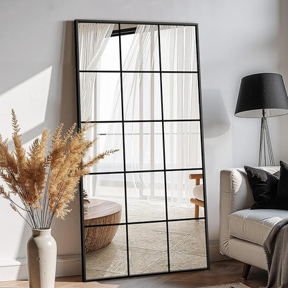 Large Window Pane Full Length Mirror for Wall, 28"x55" Black Rectangular Wall Mirror for Living Room, Bedroom, Entryway, Hanging or Leaning